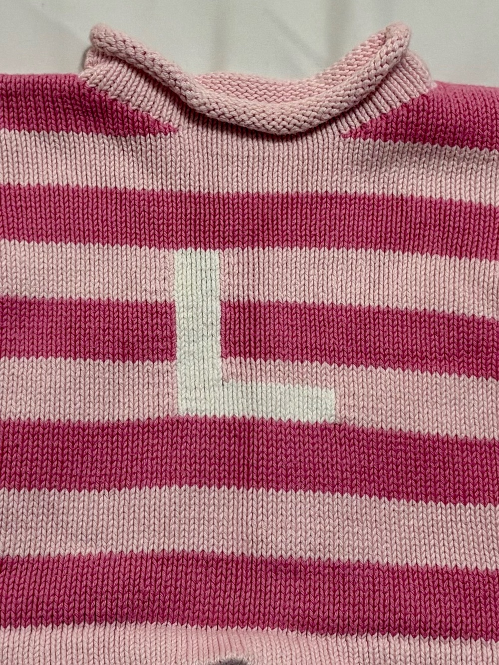 MJK Knits Toddler Girls “L” Letter Sweater Pink Stripe 100% cotton, 2T-4T
